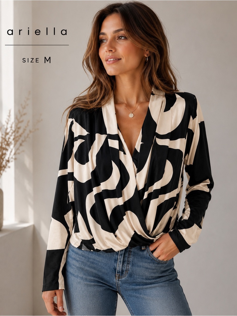 Ariella Black & Cream Abstract Print Draped Surplice Blouse Size M